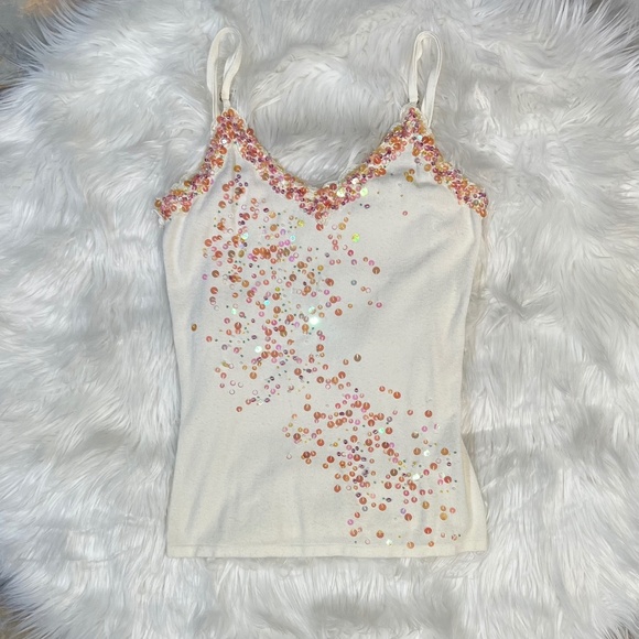 EUC. Sequined Cami Sweater [YUKA] Hand Stitched + Beaded Cream Y2K Tank | Small - Picture 1 of 16